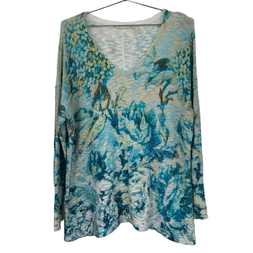 Soft Surroundings‎ Blue Floral V-Neck Lightweight Knit Sweater Top Plus Size 1X